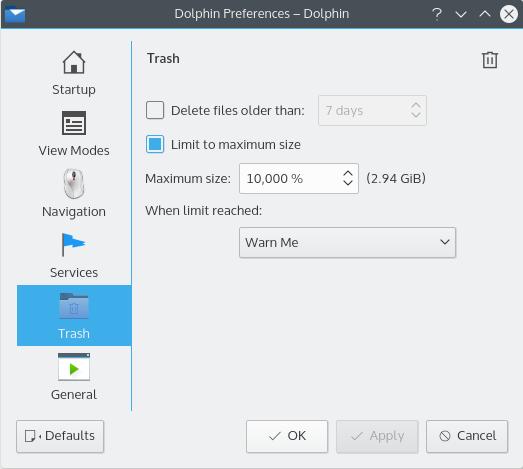 Configuração do Lixo na Janela de Preferências do Dolphin. Os ficheiros anteriores a um determinado número de dias poderão ser apagados automaticamente.