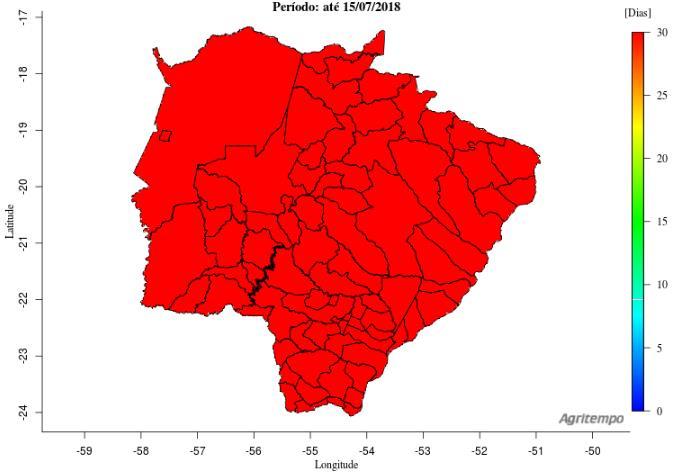 Estiagem Agrícola De acordo com o modelo Agritempo (Sistema de Monitoramento Agro Meteorológico), considerando até a data de 15/07/18, as áreas em vermelho estão a 30 dias sem chuva (Figura