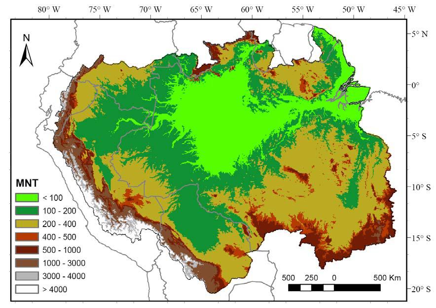 Figura 5.2 Relevo da bacia do rio Amazonas (Fonte: Paiva, 2009; ICA-MMH, 2008). 5.1.