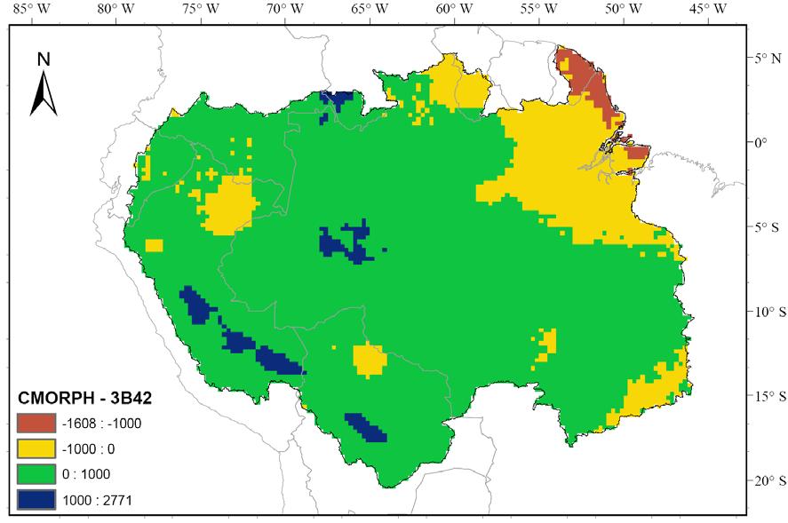 Na Figura 5.6 é apresentada as diferenças nas distribuições espaciais média anual dos produtos CMORPH e 3B42 para a bacia do rio Amazonas.