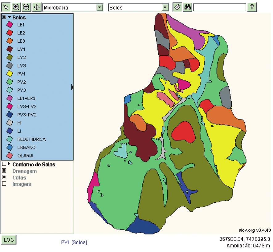 4 Publicando Mapas na Web: Uso do ALOV Map Resultados A Fig. 1 mostra o mapa de solos da microbacia e a legenda com as classes de solos. Este é o caso mais típico de apresentação de mapas. A Fig. 2 mostra as curvas de nível da microbacia e ilustra o potencial do ALOV Map em gerar classes.