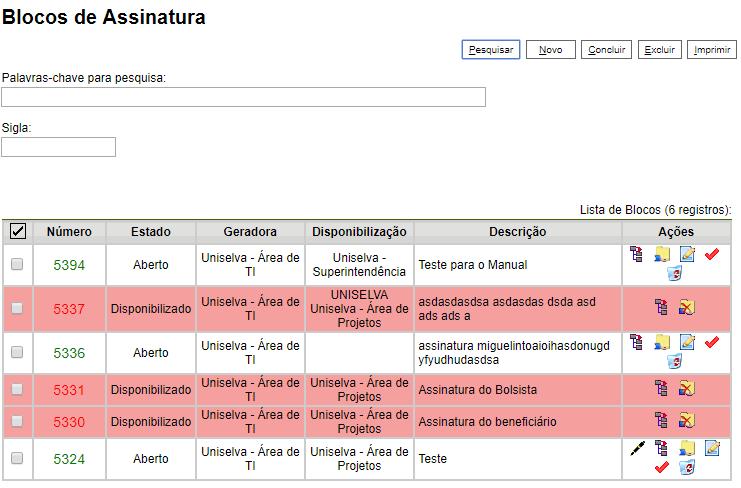 O sistema abrirá uma tela com todos os Blocos de Assinatura em que você está incluído.