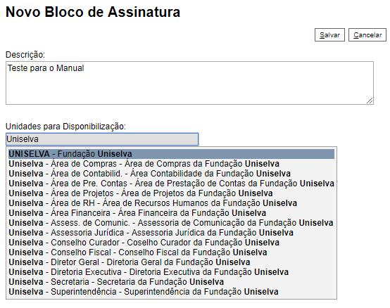 O sistema abre a tela Incluir em Bloco de Assinatura onde será mostrado um quadro com a relação de documentos daquele processo que podem ser incluídos