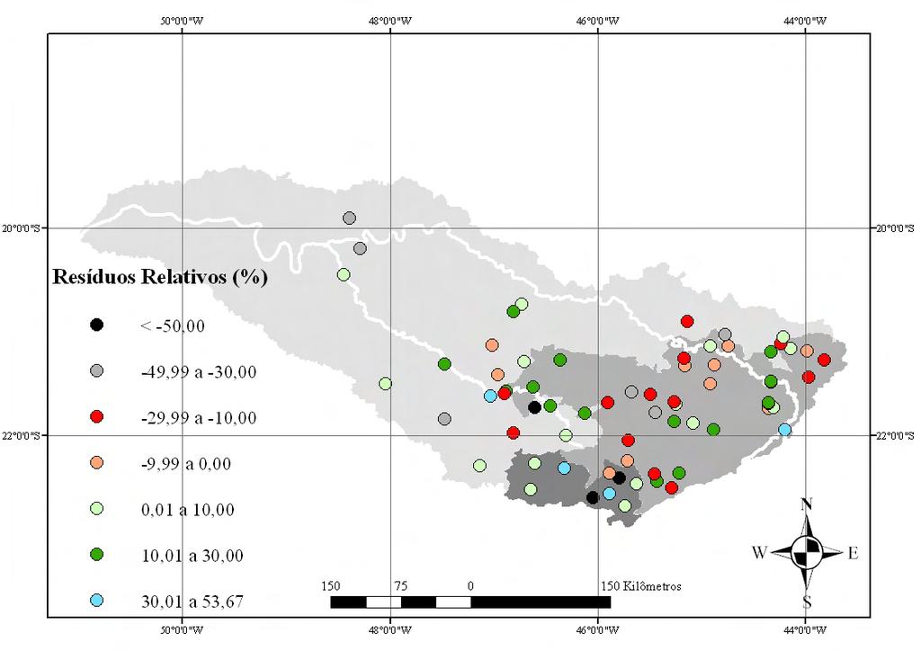 Figura 20. Resíduos relativos (%) para cada estação fluviométrica obtidos no estudo da Q 7,10 para a bacia do Rio Grande.