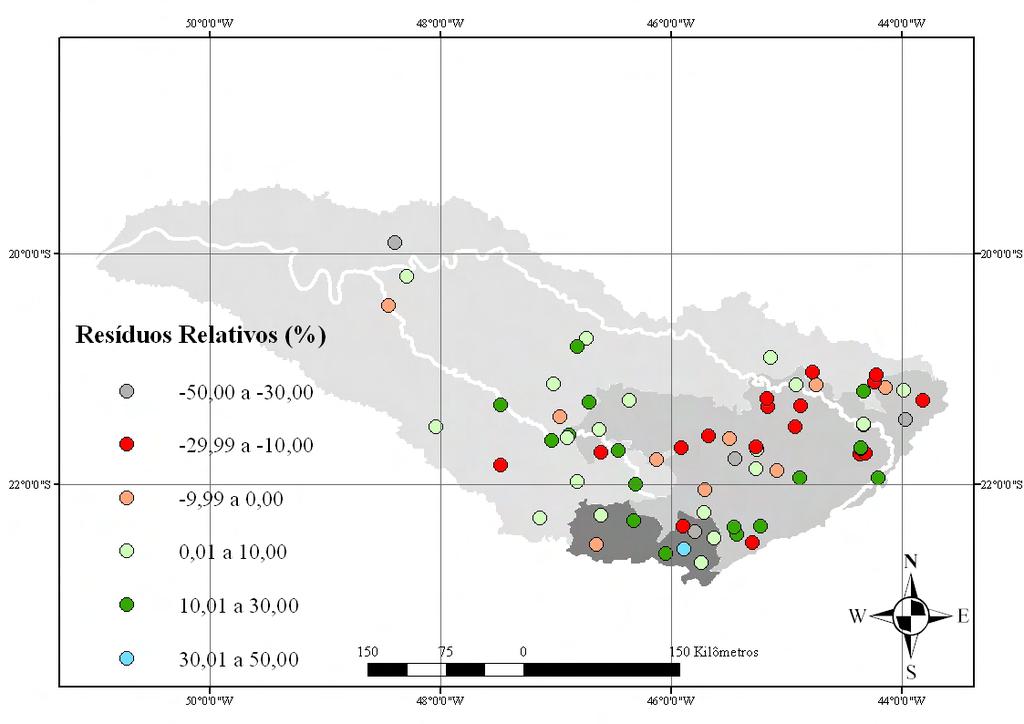 A Figura 24 apresenta a espacialização dos resíduos relativos obtidos nas estações, utilizando a vazão equivalente.
