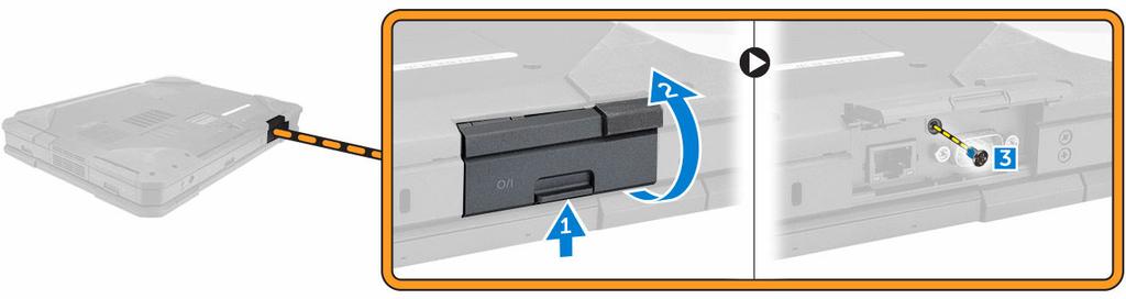 4. Execute as etapas a seguir, conforme mostradas na ilustração: a. Desbloqueie a trava da porta traseira [1]. b. Levante a porta traseira para abri-la [2]. c. Remova os parafusos que prendem a tampa traseira no chassi do computador [3].