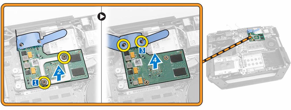 c. Remova os parafusos que prendem a aba de puxar na placa GPU [3]. d. Levante a placa GPU do computador [4]. Como instalar a placa GPU 1. Posicione a placa GPU no computador. 2.