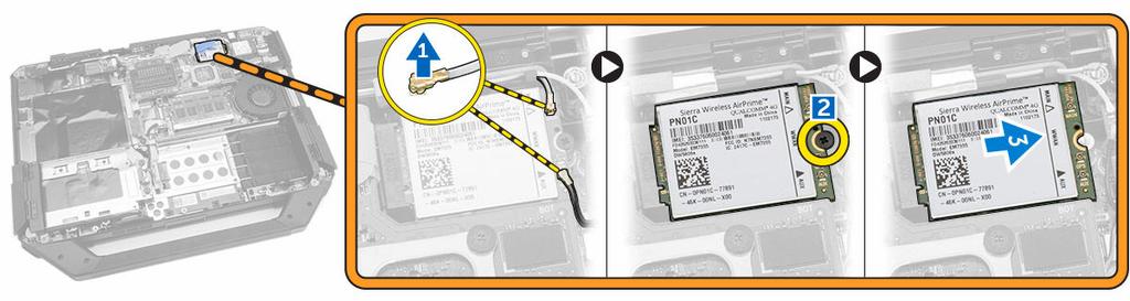 Como remover a placa WWAN 1. Siga os procedimentos descritos em Antes de trabalhar na parte interna do computador. 2. Remova: a. Bateria b. Disco rígido c. Unidade óptica d.