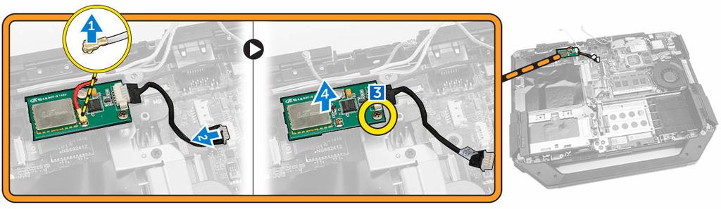 Como instalar a placa WWAN 1. Insira a placa WWAN em seu slot. 2. Conecte o parafuso para prender a WWAN. 3. Conecte os cabos à placa WWAN. 4. Instale: a. Suporte de GPS b. Tampa inferior c.