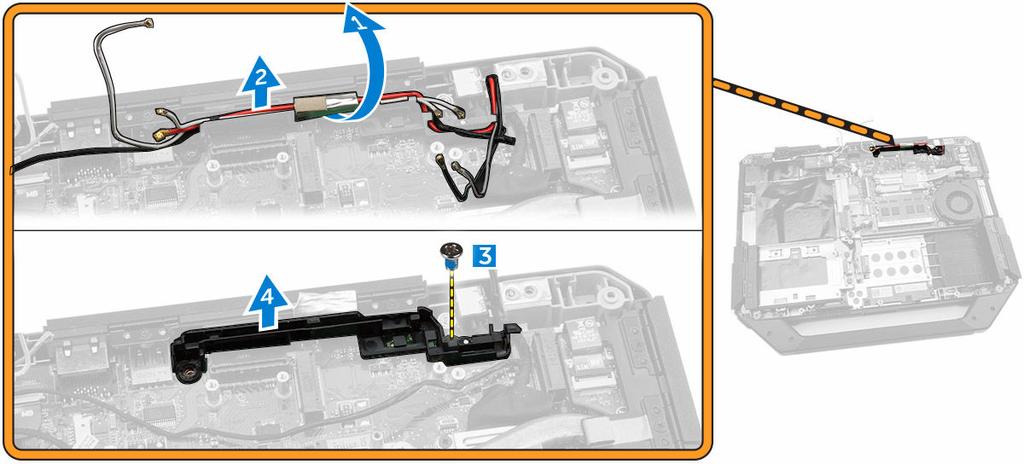 c. Unidade óptica d. Tampa inferior e. Suporte de GPS f. Placa WLAN g. Placa de acoplamento 3. Execute as etapas a seguir, conforme mostradas na ilustração: a. Desenrosque os cabos da antena [1]. b.