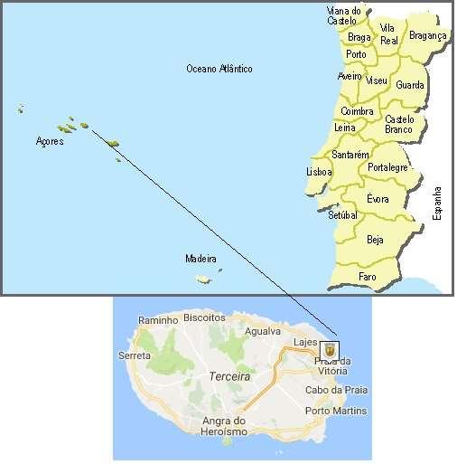 Figura 26 Localização no Mapa de Portugal da Praia da Vitória O porto da Praia da Vitória é protegido por dois quebra-mares que definem a baía com cerca de 1,1 km de largura e 2,4 km de comprimento.