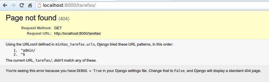 Clique no link que colocamos na página. O Django não encontrou a url que tentamos acessar. É hora colocá-la no lugar.