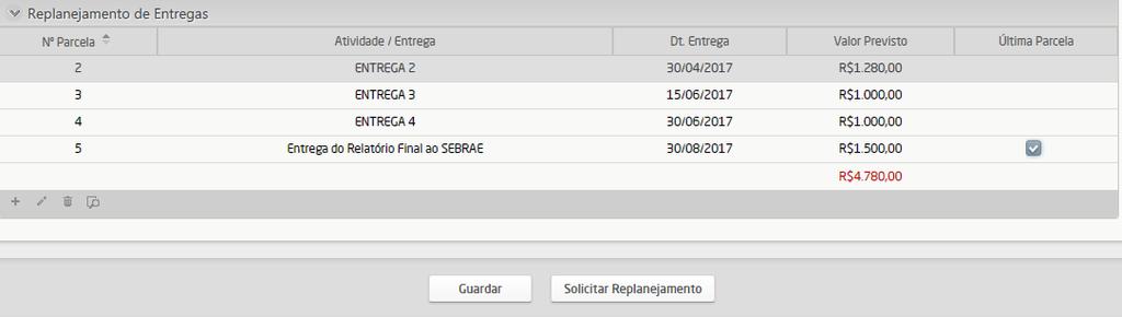 IMPORTANTE: você pode incluir e excluir Atividades / Entregas, porém ao submeter o replanejamento o plano deve manter o mesmo número de parcelas do planejamento original.