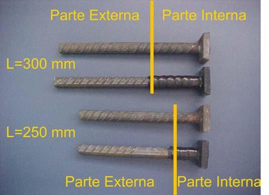 As dimensões da cabeça de ancoragem foram 5 mm x 5 mm e do diâmetro da haste 2 mm. Os comprimentos das hastes (L) eram de 25 mm e 3 mm para os pinos com alturas efetivas de 5 e 1 mm respectivamente.