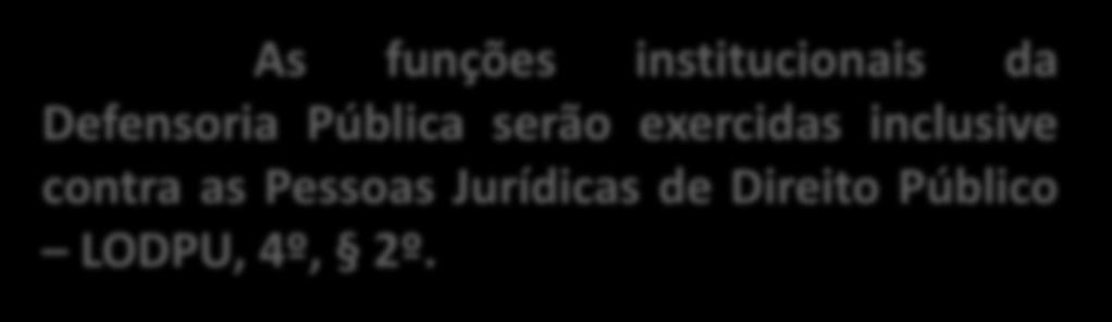 As funções institucionais da Defensoria Pública serão exercidas inclusive contra as Pessoas Jurídicas de Direito