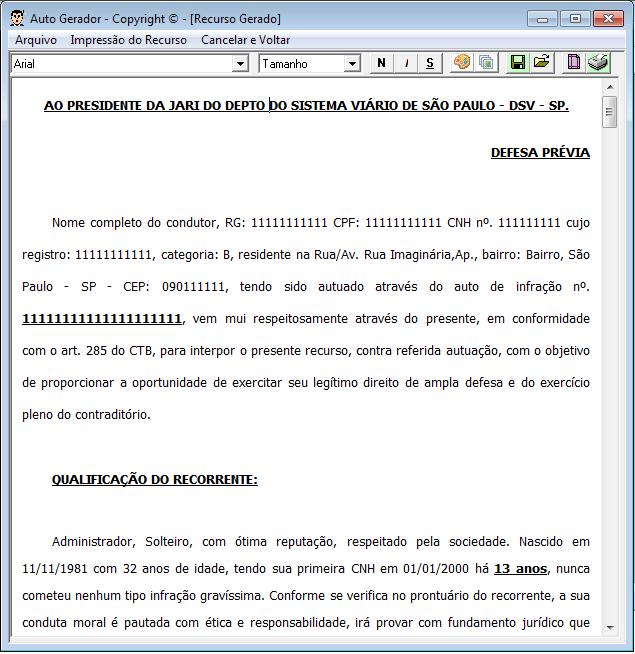 Modificando o Recurso: Após o recurso ser Gerado, pode acrescentar novos argumentos, simplesmente digitando retirar aquilo que achar