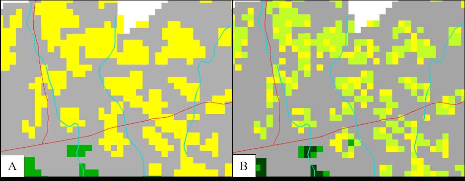 3 Resultados Cenário pessimista. Taxa de desmatamento >> taxa incremento. (Figuras 13 e 14) Legenda Nº Cl. Classe (4) Floresta Primária (3) Floresta Sec. Tardia (2) Floresta Sec.