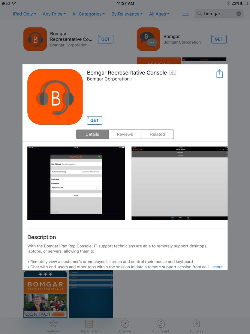 Instalar o Console de Suporte Técnico ao Cliente Connect no ios O console de suporte técnico ao cliente Bomgar para ios está disponível gratuitamente para baixar na Apple App Store.