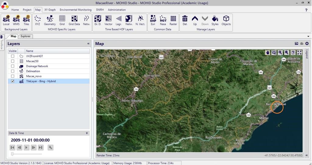 A criação do modelo contemplou as seguintes etapas: Localização da área de interesse: a localização da bacia hidrográfica foi realizada através do Bing Aerial, mapa importado