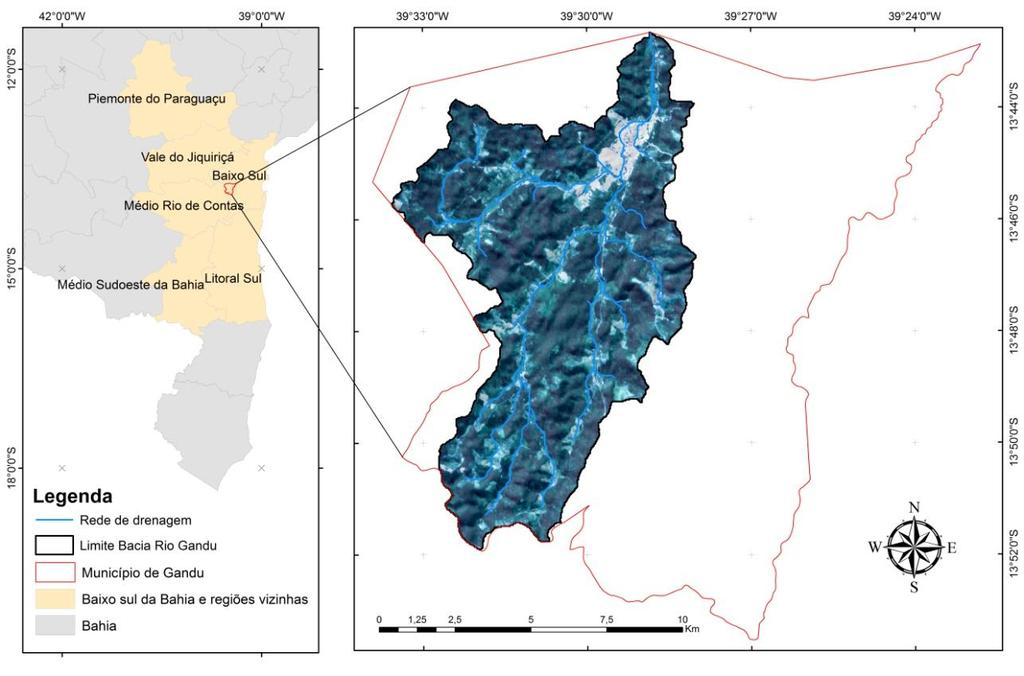 Figura 1: Mapa de localização da área de estudo No presente estudo, utilizou-se o modelo digital de elevação tanto para delimitação da bacia quanto para extrair informações das suas características