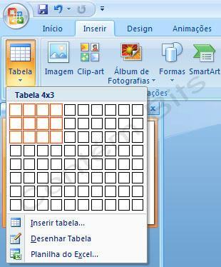 Inserção de Tabelas - Posicione o cursor no local do texto desejado. - Vá para a aba de Menu Inserir > Tabela. Exercício: - Definir uma Matriz para a tabela de 2x7.