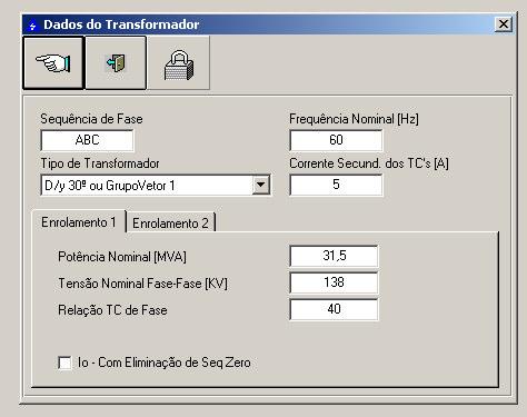 3. Clique no botão Dados do Transformador e preencha os campos de acordo com a parametrização que está no relé, tanto o enrolamento 1 quanto o enrolamento 2. Figura 3 4.