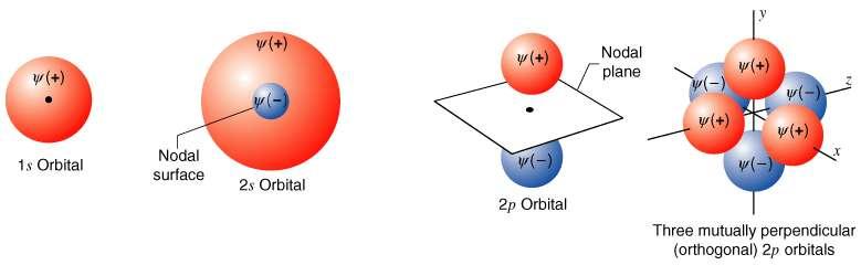 Figura 1.5 As formas de algumas orbitais s e p. Pura, As orbitais p puras, não hibridizada são esféricas. As orbitais p em átomos hibridizados são em forma de lobo (Seção 1.14). 1.10B Configuração eletrónica: 1.