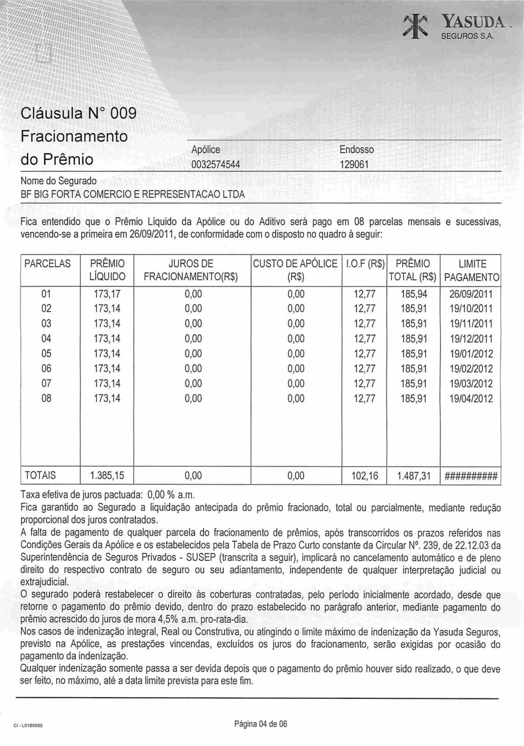 Yasud, Cláusula N 009 Fracionamento do Prêmio Nome do Segurado Apólice 0032574544 Fica entendido que o Prêmio Líquido da Apólice ou do Aditivo será pago em 08 parcelas mensais e sucessivas,