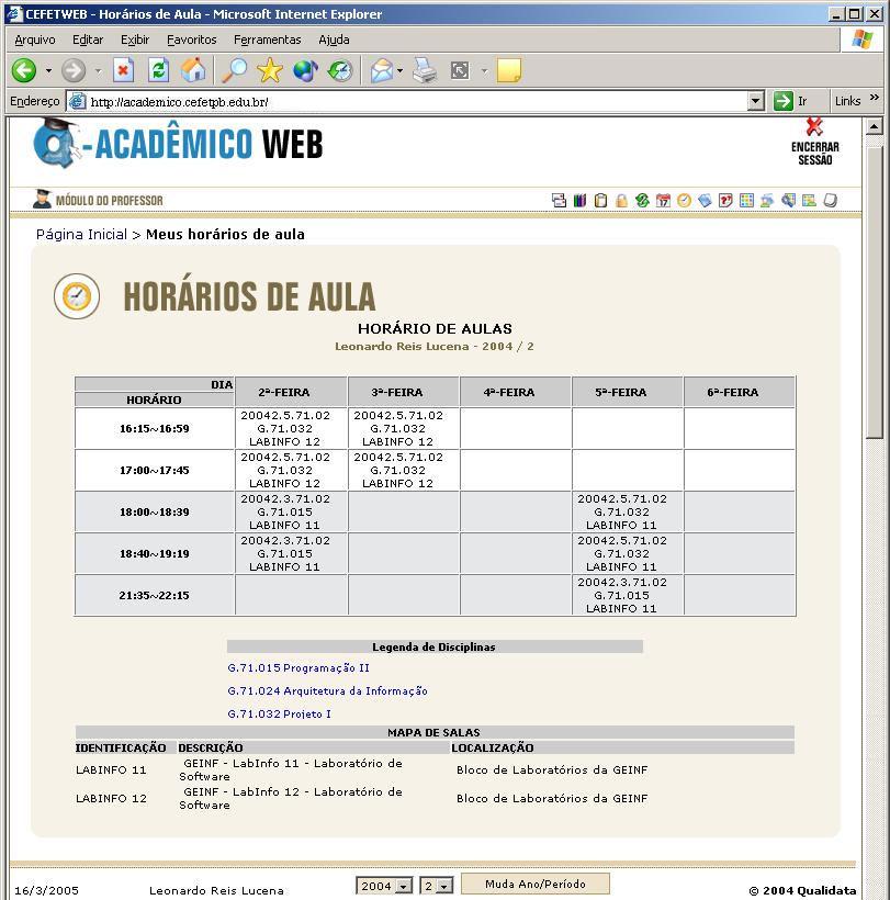 2.4 Horário de Aula Fig. 2.4.0 Neste link o professor pode conferir o horário/dia das aulas que leciona e em qual sala serão realizadas.