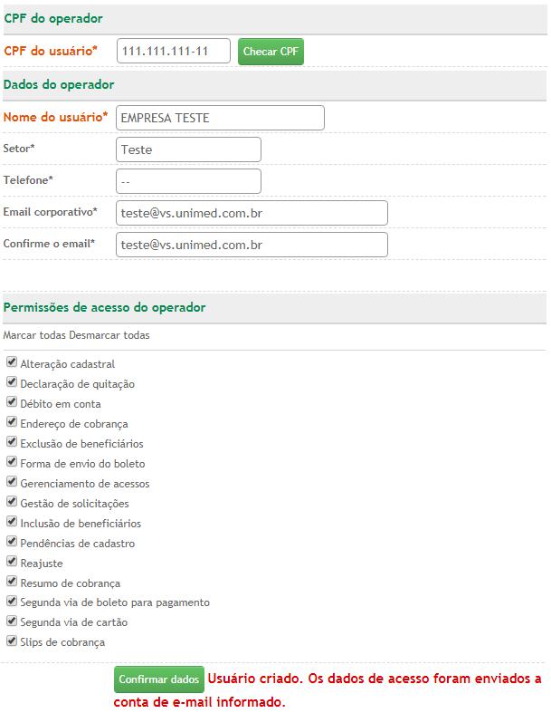 11 Digitar o CPF e clicar em Checar CPF. Em seguida digitar os dados do operador e selecionar as permissões. Após clicar em Confirmar dados.