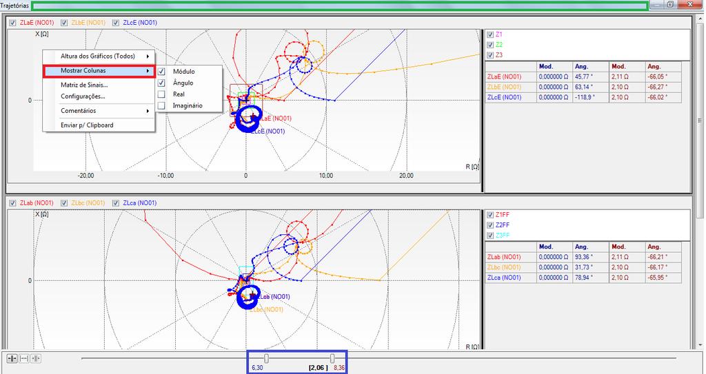 Figura 25 Nessa janela é possível visualizar trajetória de impedância fase-fase e fase-terra.