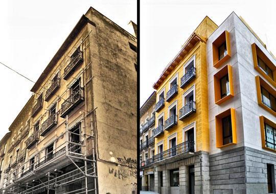 Figura 1.1 Exemplo de um edifício antes (esquerda) e após (direita) a intervenção de reforço e reparação (Costa, 20