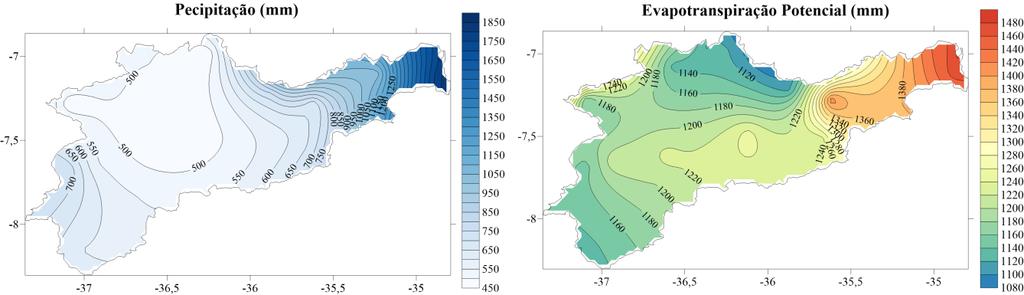 Figura 3: (a) Precipitação média anual e (b) Evapotrnspiração Potencial na bacia hidrográfica do rio Paraíba.