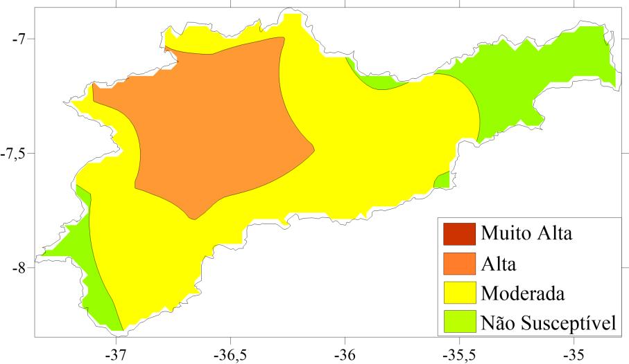 Com base nmo índice de aridez é possível inferir sobre a susceptibilidade à desertificação (Tabela 3). A susceptibilidade também foi espacializada (Figura 5), assim como o índice de aridez.