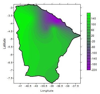 tendências da série de total anual da precipitação no Ceará Figura 36: Distribuição espacial das tendências da série de precipitação do período