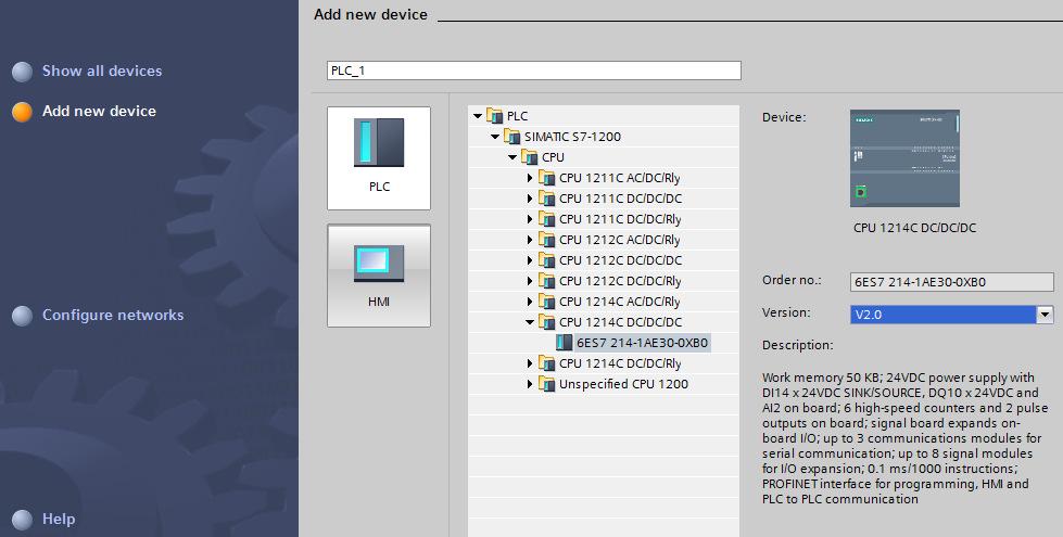 2 Clique em Add new device, e depois selecione a CPU do S71200 da Siemens (6ES7 214-1AE30-0XB0), conforme mostra a figura abaixo. 3 Clique no botão Add.