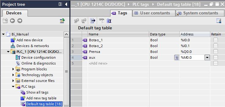5 Clique em Save Project. Definindo as TAGs do PLC Para definir os nomes de entradas e saídas do PLC, e também de espaços da memória, vamos elaborar uma tabela de TAGs.