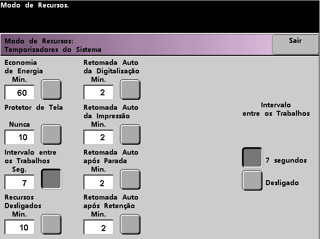 Modo de Recursos DocuColor 7002/8002 Intervalo entre os trabalhos Use a função Intervalo entre os Trabalhos quando houver diversos trabalhos na fila e você desejar permitir sete segundos para