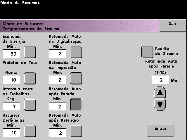 DocuColor 7002/8002 Modo de Recursos Retomada automática após parada Use a função Retomada Auto após Parada para reiniciar automaticamente um trabalho após o botão Interromper do Painel de Controle