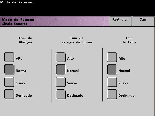 DocuColor 7002/8002 Modo de Recursos Sinais sonoros Existem três tipos de sinais sonoros que podem ser ativados na impressora digital, conforme mostrado na tabela a seguir.