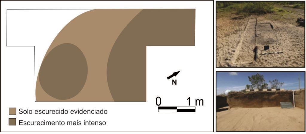 Figura 4 - Sítio SC-ARA-002: área escavada com evidenciação da mancha de solo escurecido; delimitação das trincheiras, onde é possível observar parcialmente a mancha; perfil norte da trincheira 2,