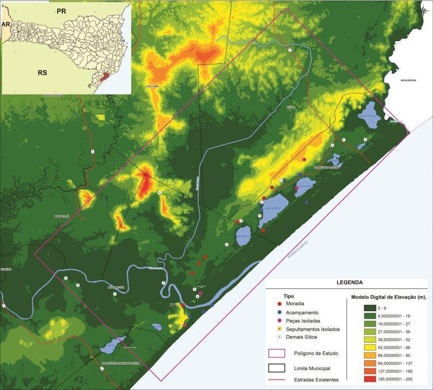 Figura 1 - Distribuição dos sítios arqueológicos na área de pesquisa. Elaboração: Projeto de Pesquisa Arqueologia Entre Rios.