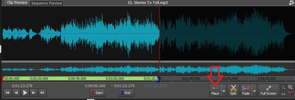 Da mesma forma que foi feito o corte do trecho desejado em vídeo, pode ser feito um corte aproximado do arquivo de áudio