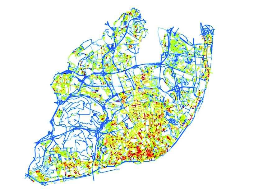 As cores mais frias, até o azul-escuro, representam partes da cidade com quarteirões de maior dimensão. Figura 2c Alinhamento dos edifícios.