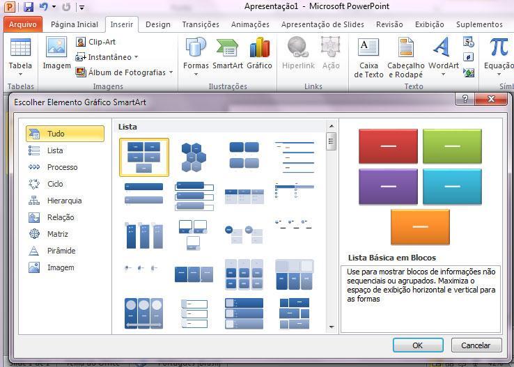 . A guia Inserir 2. Clique no comando SmartArt 3. A Escolha do Elemento Gráfico SmartArt aparecerá. 4. Clique no gráfico que você preferir e irá aparecer no seu slide. 5.