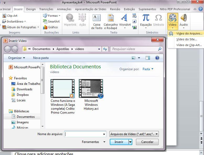 O PowerPoint oferecerá suporte aos arquivos QuickTime (.mov,.mp4) e Adobe Flash (.swf) quando você tiver instalado players QuickTime e Adobe Flash.