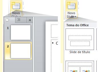 Novo documento PowerPoint Quando você abrir o PowerPoint você verá o que é chamado o modo de exibição Normal.. O painel de um deslize é a área grande no meio.