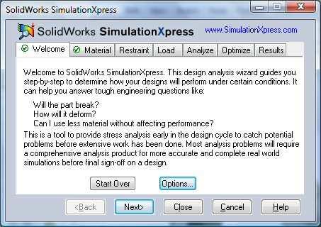 @2009 João Tavares / JOF CFAC: Introdução ao SolidWorks (X): 21 Seleccionar o botão SimulationXpress Analysis ou botão Tools, SimulationXpress. 1. Clicar Options.