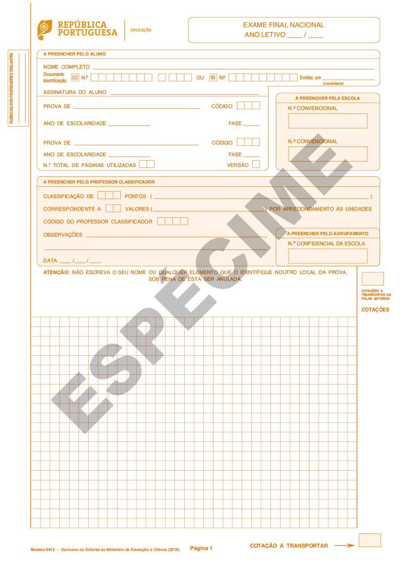 Folha de prova dos exames finais nacionais de Matemática A (635), Matemática B (735) e MACS