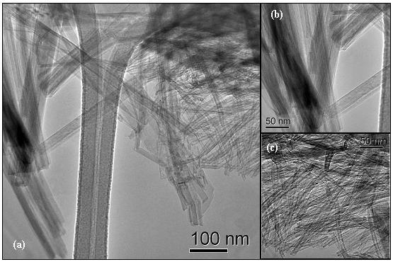 63 Figura 16 - Imagens de ME do produto H-30. (a) região com nanotubos e nanofitas. (b) região de nanofitas. (c) região de nanotubos.